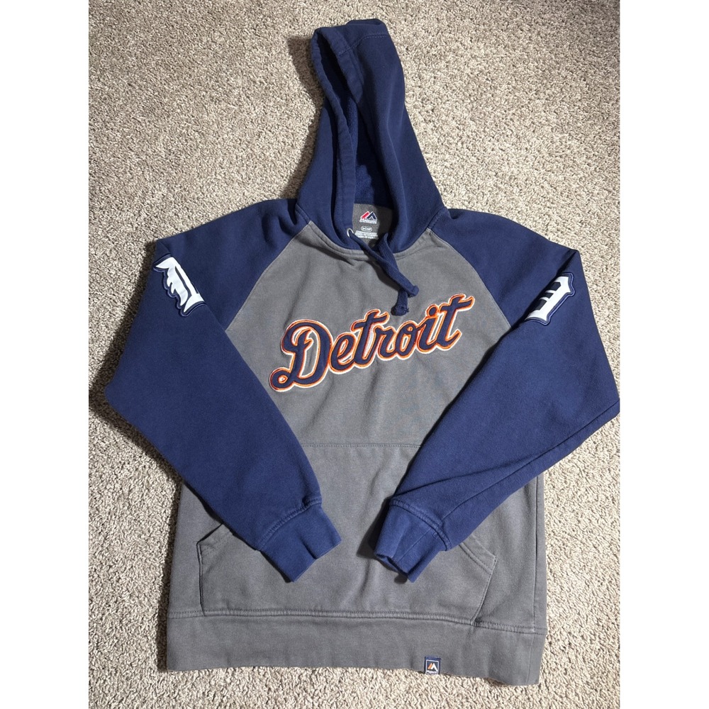 Majestic Detroit‎ Tigers MLB Hoodie Mens Small Grey Navy Blue Raglan Sweatshirt